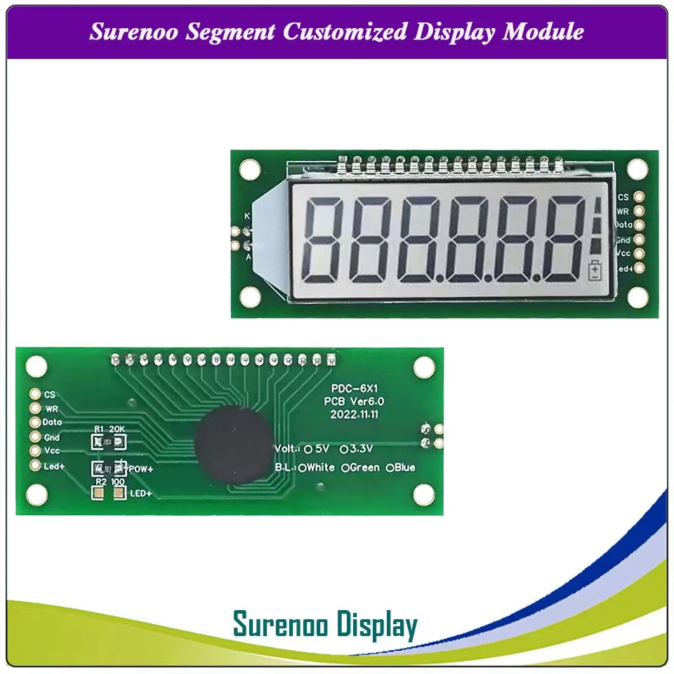 Surenoo 6-Digit "8 8 8.8.8.8" 7 Segment Digital 5V  LCD Module Display Screen Panel build-in HT1621 Controller w/ Backlight