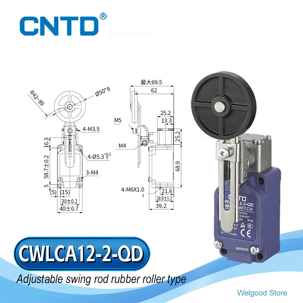 CNTD CWLCA12-2-QD Vertical Limit Switch 10A 380VAC IP66 DPDT Za Double-Break Adj Swing Rod Rubber Roller Industrial