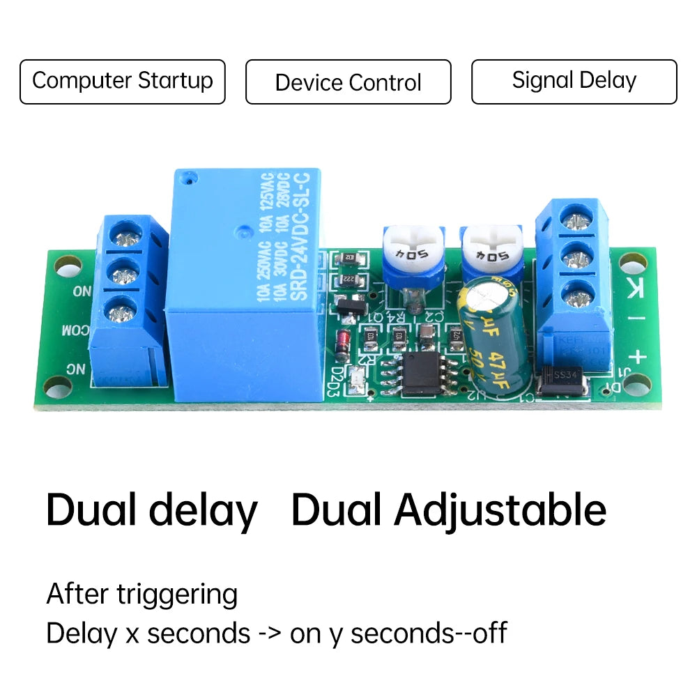 DC 5V 12V 24V Time Delay Relay Module Delayed Connection with Delayed Disconnection 2nd Gear Adjustable Relay Board 0-15 Minutes