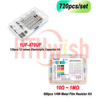 720pcs/set 1UF-470UF Electrolytic Capacitor Kit + 10Ω~1MΩ 1/4W Metal Film Resistor Assortment Set for DIY Electronic Repair
