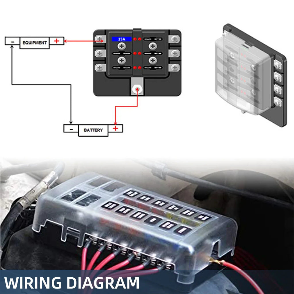 Blade Holder Fuse Box 12/10/8/6 Ways Modified Terminal Block Fuse with LED Warning Light 12V~24V Power Distribution Panel Boat