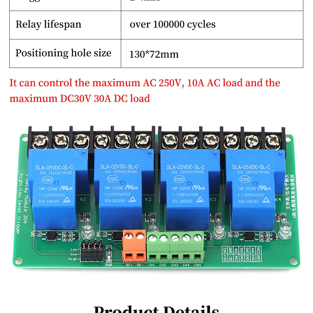 4-Channel Relay Module DC 5V/12V/24V High Low Level Triggers Smart Home PLC Automation Control 30A for Electronic Projects