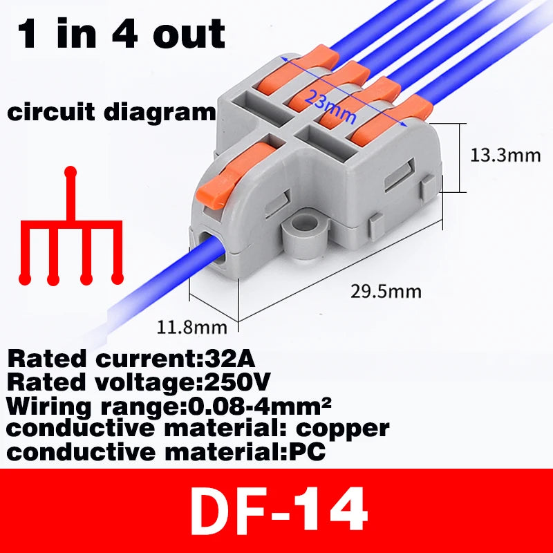 Fast Universal Compact Conductor Junction Box Spring Splice Terminal Block Push-in Wire Connector Cable Splitter 1 in 3/4 out