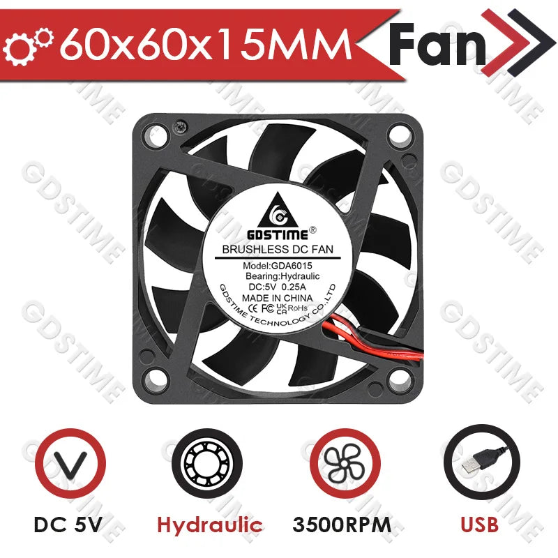 Gdstime 60MM 6015 12V 24V Axial Fan 5V USB PC Case Fan Ball DC Brushless Fan 2PIN 60x60x15MM 3D Printer Cooling Fan CPU Cooler