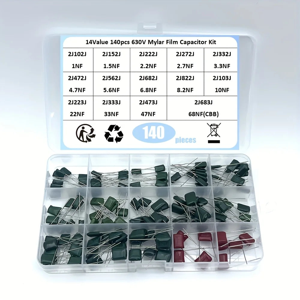 140PCS 14ValuesX10Pcs Mylar Film Capacitor Assorted Kit 630V 2J102J~2J683J 1nF~68nF Polyester 2J222J 2J152J