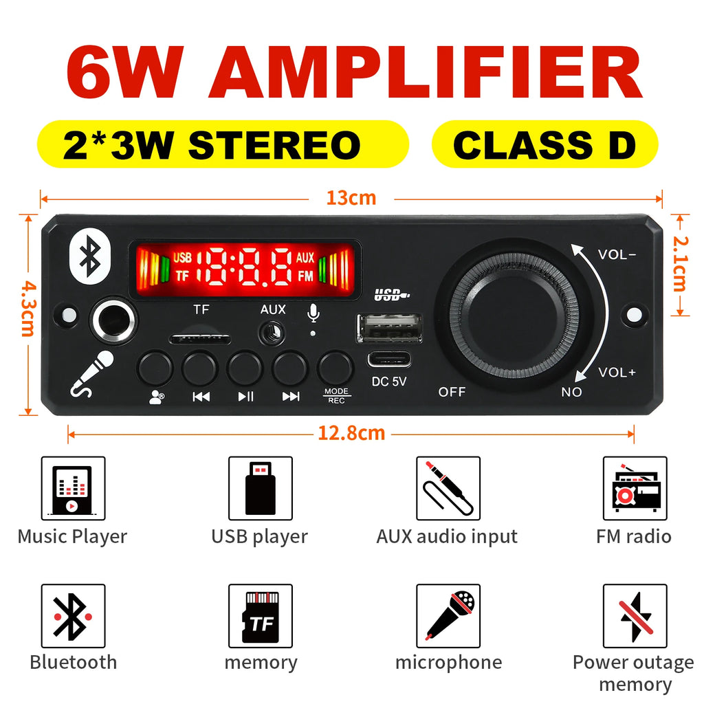 2*3W 6W Amplifier 5V MP3 Decoder Board Bluetooth 5.0 Stereo Audio DIY Car MP3 Player FM Radio TF USB 6.5mm Mic jack Record Call