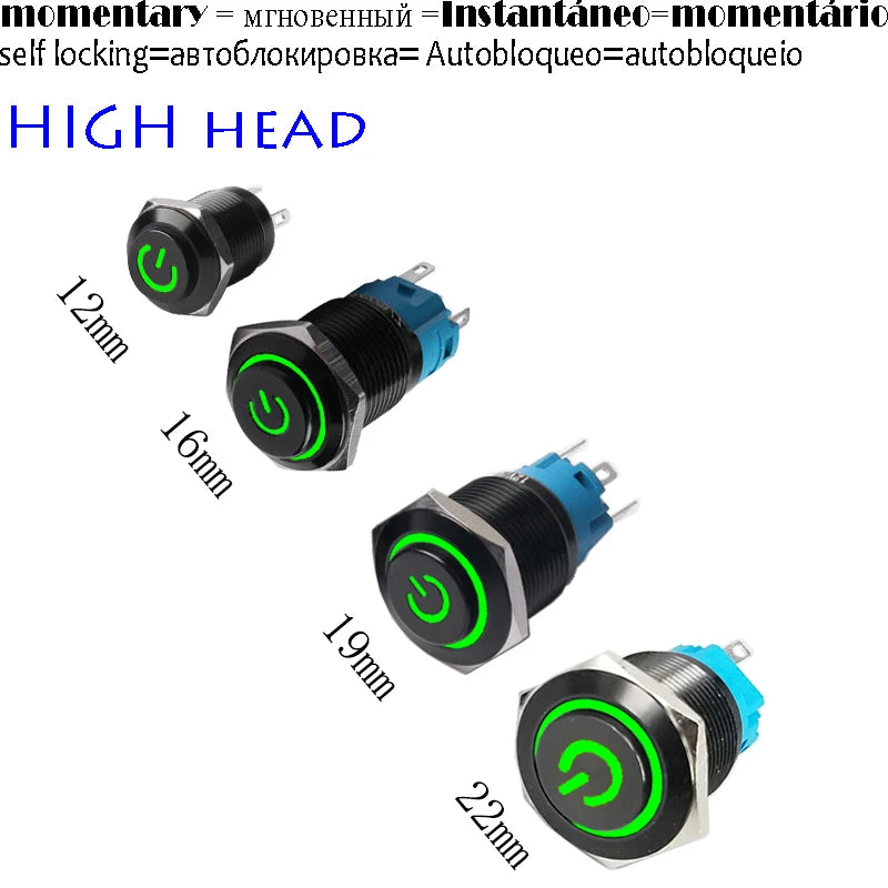 High Head 12/16/19/22mm Black Shell Car Dashboard Waterproof Metal Button Switch LED 12V/24V/220V Self-locking Fixed Momentary