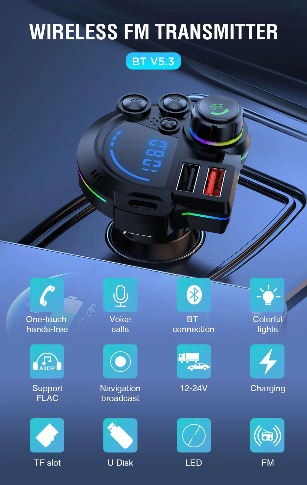 Bluetooth 5.3 FM Transmitter Handsfree Car AUX Radio Modulator MP3 Player with QC3.0 & PD20W Fast Charge Adapter Car Accessories