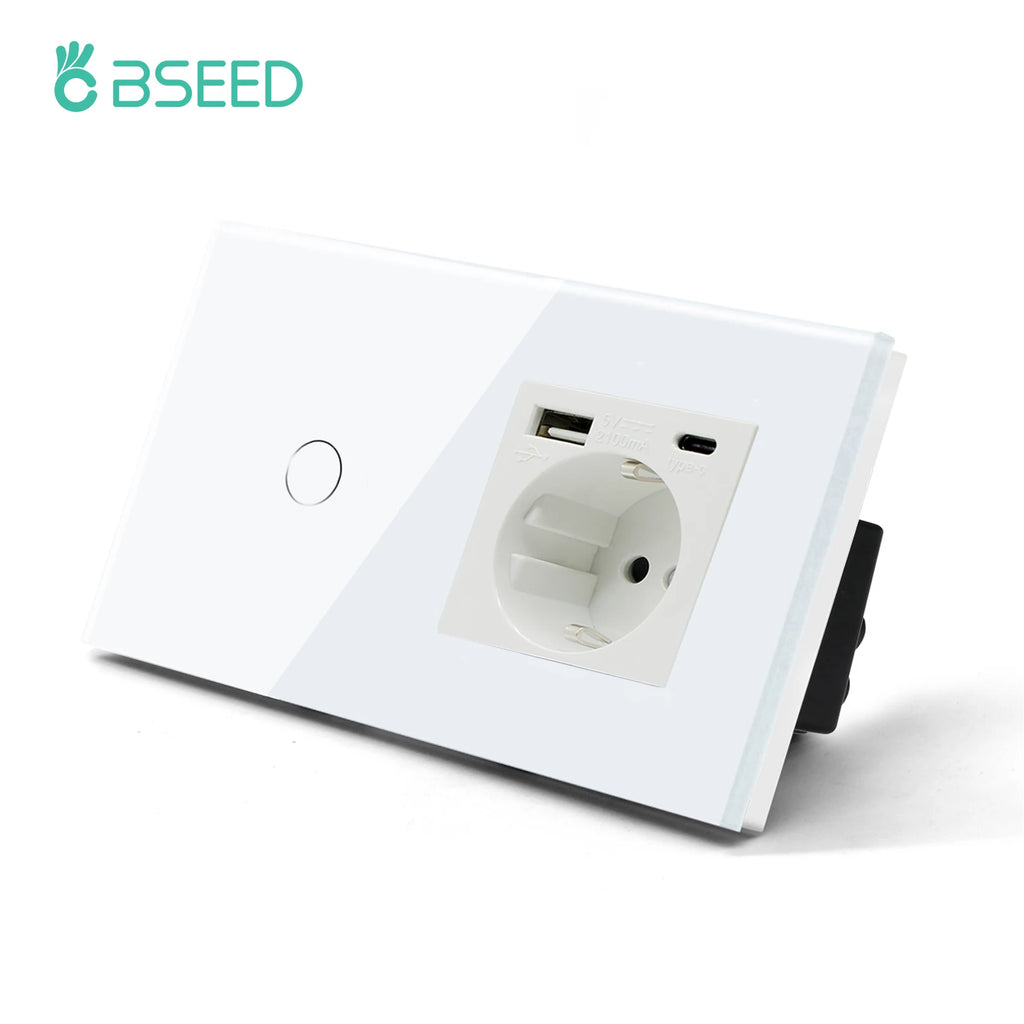 BSEED 1/2/3Gang Touch Light Switch 1Way Simple Sensor Switch Type-c USB Sockets EU Standard Glass Panel Blue Backlight 10A White