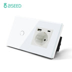 BSEED 1/2/3Gang Touch Light Switch 1Way Simple Sensor Switch Type-c USB Sockets EU Standard Glass Panel Blue Backlight 10A White