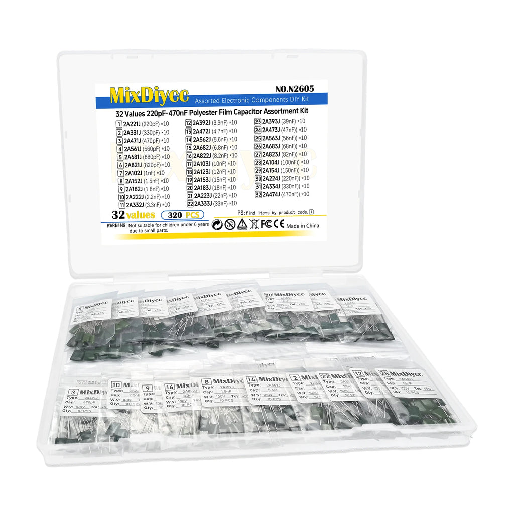 32 Values Polyester Film Capacitor Kit 100V 1/2.2/3.3/4.7/10/22/33/47/100/220/330/470 pF nF 2A 222J/472J/103J/104J/474J 320 Pcs