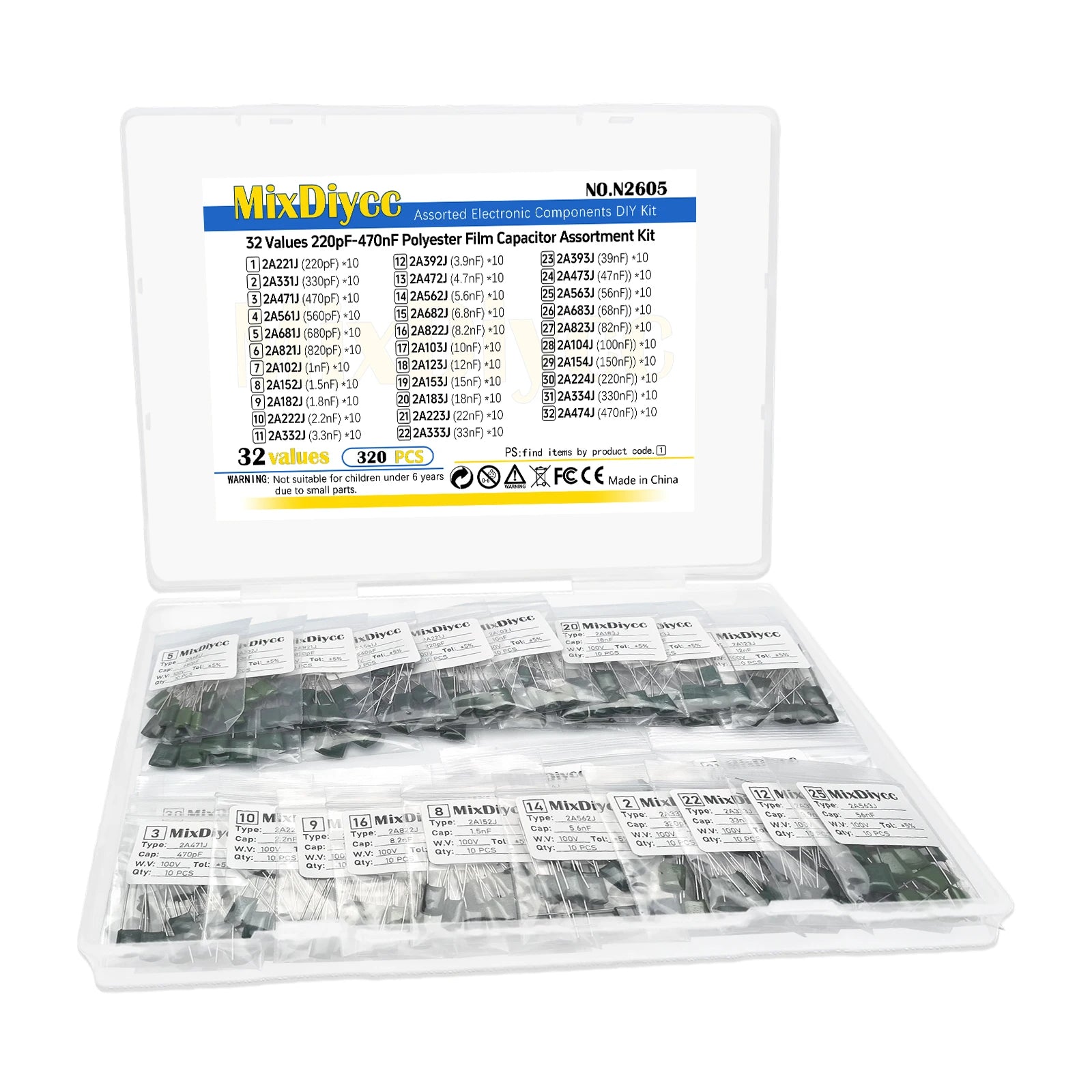 32 Values Polyester Film Capacitor Kit 100V 1/2.2/3.3/4.7/10/22/33/47/100/220/330/470 pF nF 2A 222J/472J/103J/104J/474J 320 Pcs