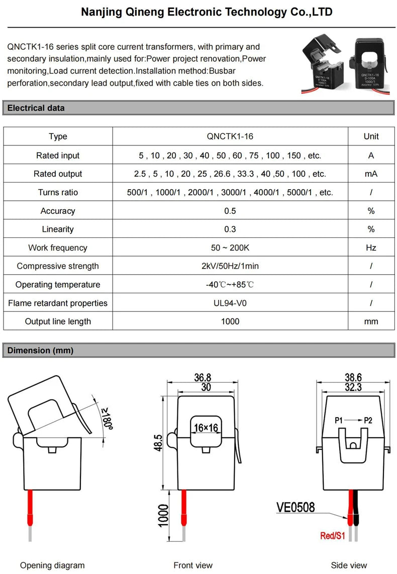 Split Core Current Transformer CT QNCTK1-10 5A 5mA 5A 2.5mA 2000 1 1000 QNCTK1-16 100A 50mA 100A 40mA Clamp Current Sensor