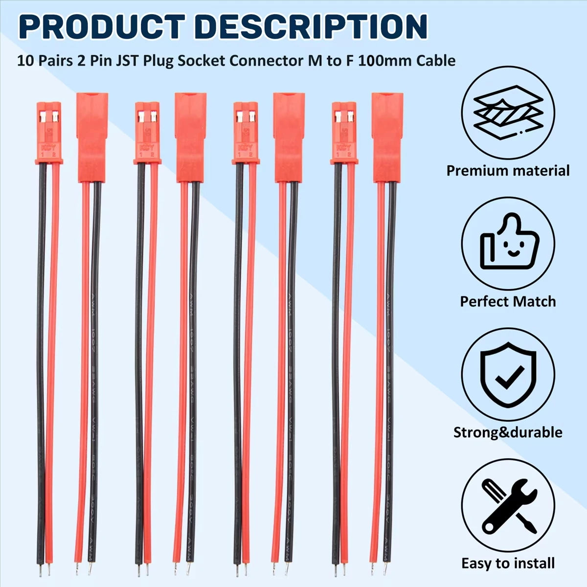 2 Pin JST Male Female Connector 22AWG 10cm DIY Terminal Cable For LED Lamp Strip RC Toys Battery Electronic Wiring Accessory