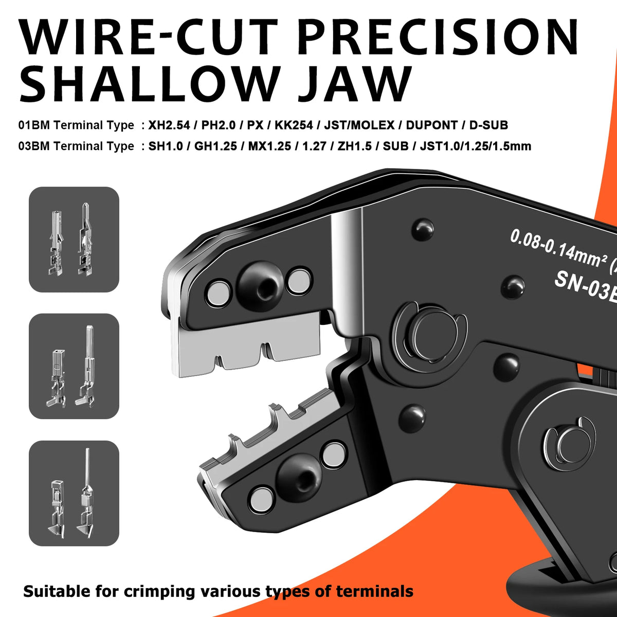 SN-01BM/03BM Wire Crimping Plier Micro Pin Connector Crimper, AWG 28-20/28-26 for JST XH, PH, SH, Molex KK, D-sub Terminals