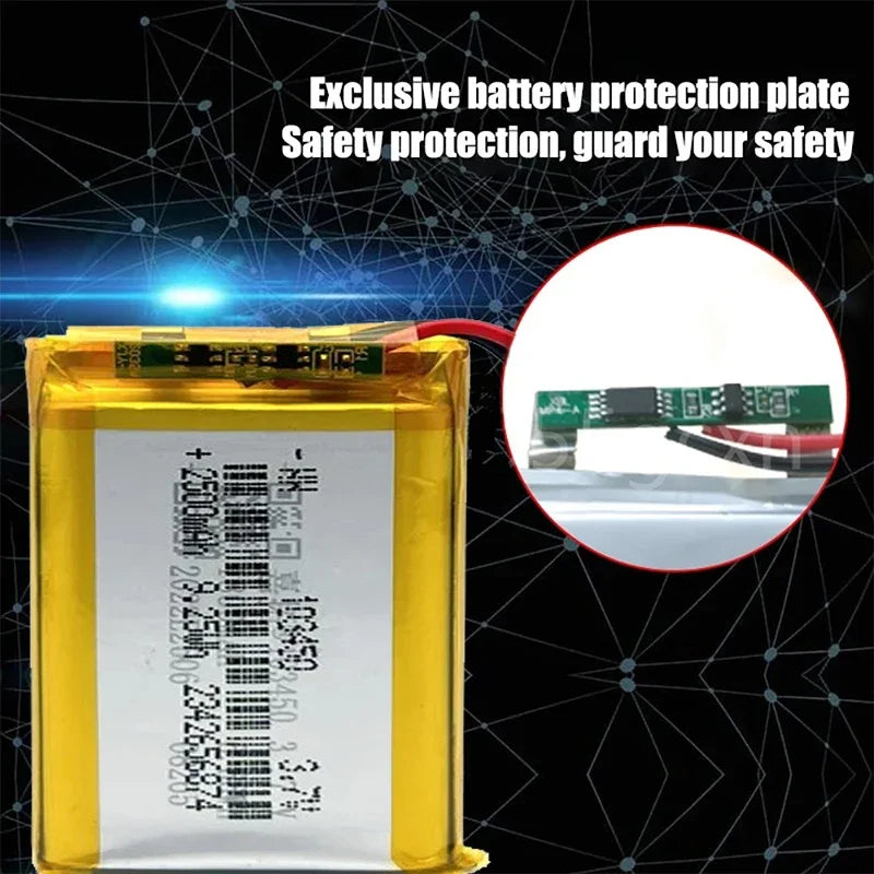 103450 3.7V 2500mAh Polymer Lithium Rechargeable Battery JST PH 2.0mm 2Pin Plug for Camera GPS Navigator MP5 Bluetooth Headset