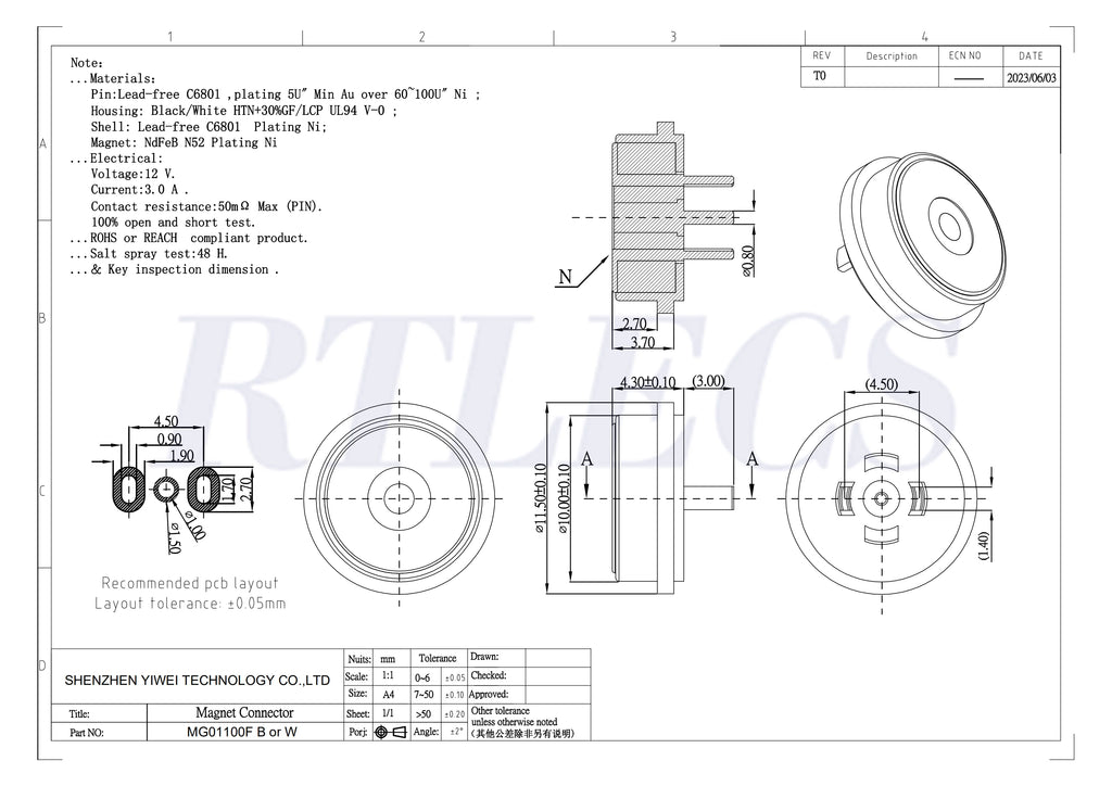 Circular High Current 3A 12V Magnetic Connector Threaded Panel Mount Holes Self-Locking Waterproof Terminals Charging Wire PH2.0