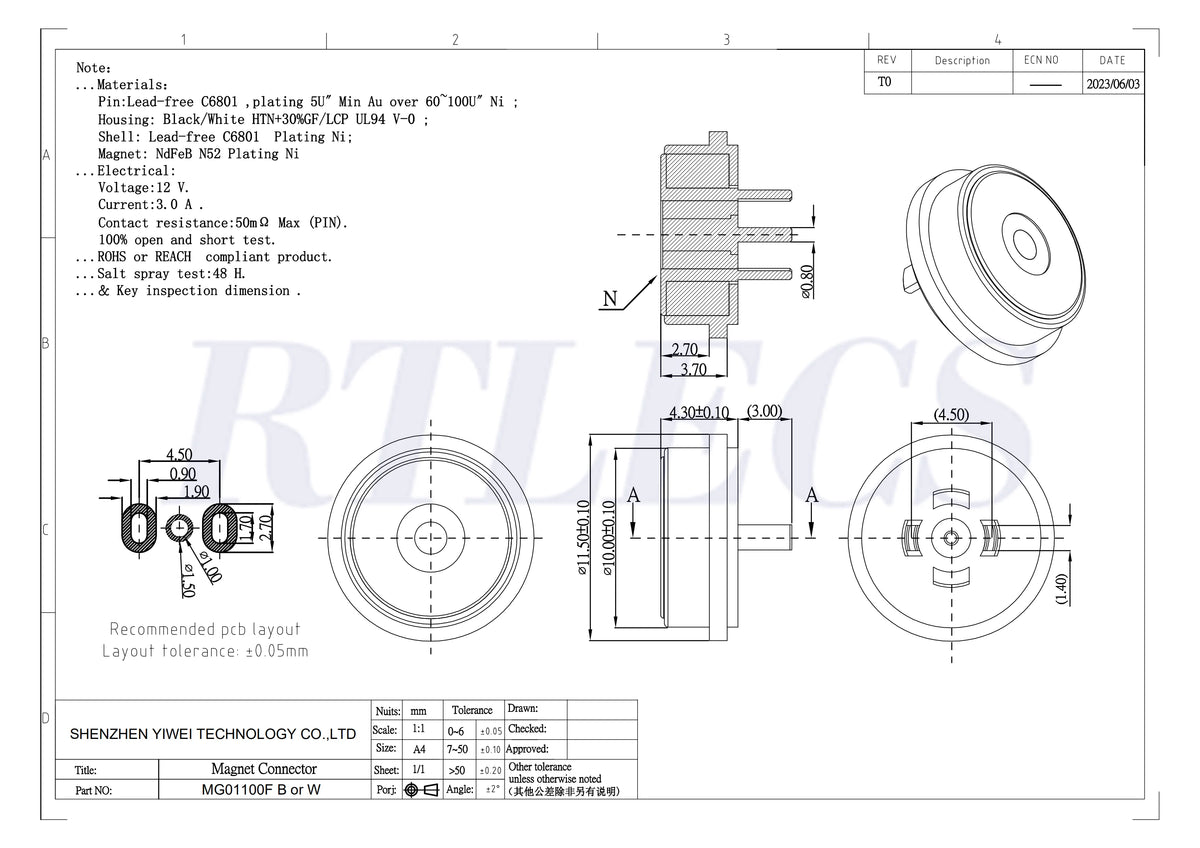 Circular High Current 3A 12V Magnetic Connector Threaded Panel Mount Holes Self-Locking Waterproof Terminals Charging Wire PH2.0