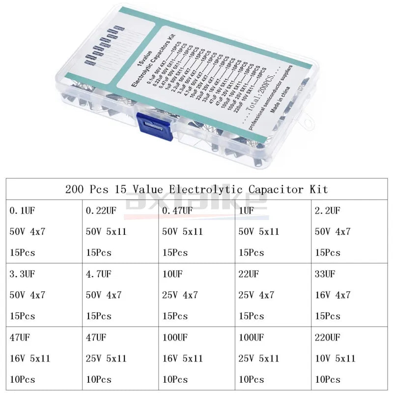 120/200/500Pcs 16V 25V 50V 0.1uF - 1000uF Aluminum Electrolytic Capacitor Assorted Kit Box 1uF 4.7uF 10uF 47uF 220uF 330uF 470uF