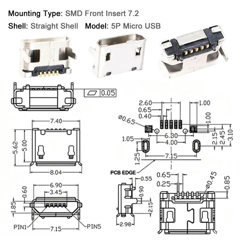 100/1000PCS Micro USB Android Female Charging Socket, Flat Edge Crimped Type, 5Pin, 4 Mounting Pins, SMD & DIP Tail Connector