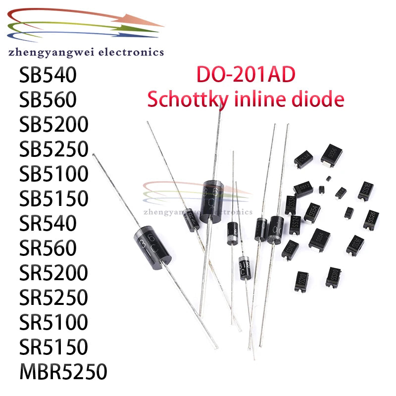 10pcs SB5250 SB5150 SB5100 SR5250 SR5150 SR5100 MBR5250 Inline Schottky Diode DO-201AD 5A 100V 5A150V 5A200V 5A250V