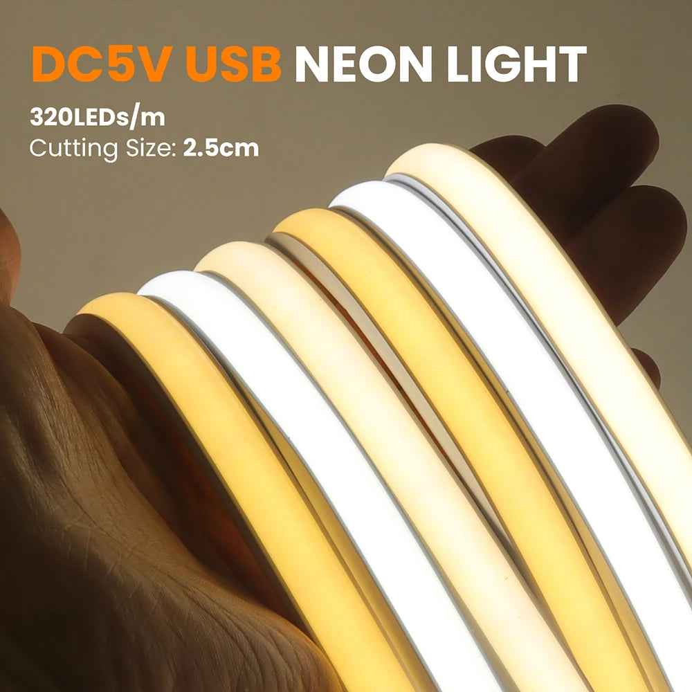 IP68 Waterproof Flexible Neon Rope Light USB COB LED Strip 5V ON OFF Switch 320 LEDs/m Natural Warm White 0.5m 1m 2m 3m 4mm 5m