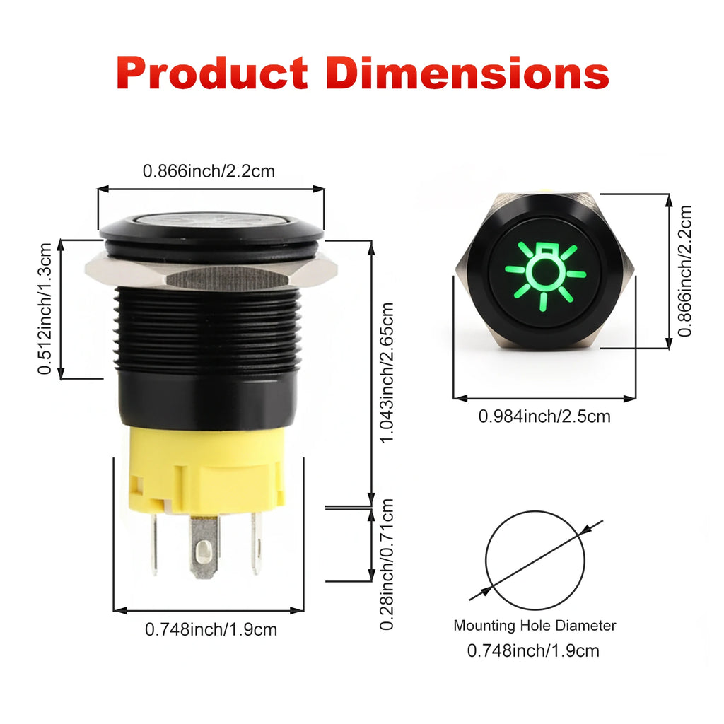 12V 19mm Warning LED Indicator Light Panel Metal Push Button Switch Lock and Momentary on Off with Dash LOGO Symbol