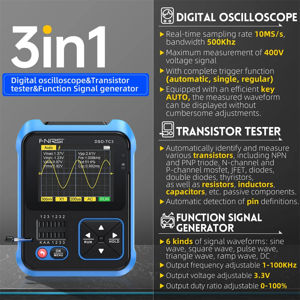 FNIRSI DSO152 TC3 Handheld Digital Oscilloscope With 200KHz/500kHz Bandwidth Supporting LCR Detection Signal Generator PWM Outpu