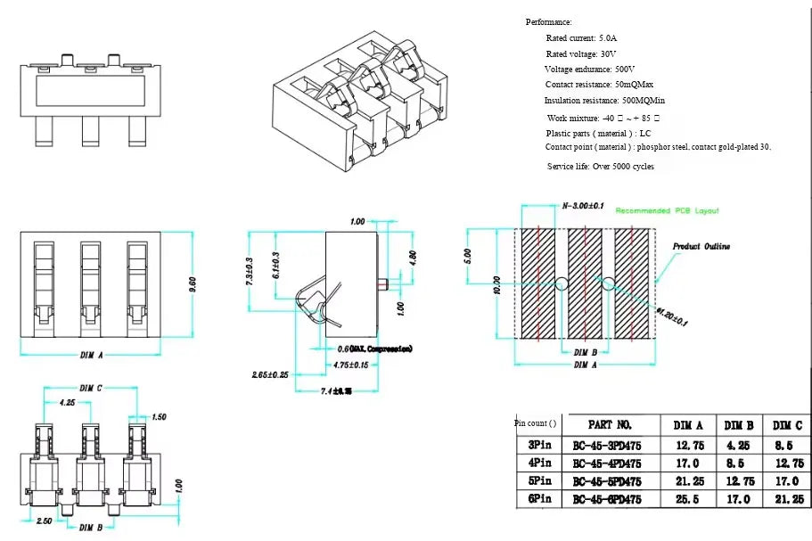 YanXi 2/5/10PCS 5A 30V Spring Compression Contact 4.25mm Pitch 2 3 4 5 6 Pin Surface Mount Battery Connector Insulator 4.75mm H