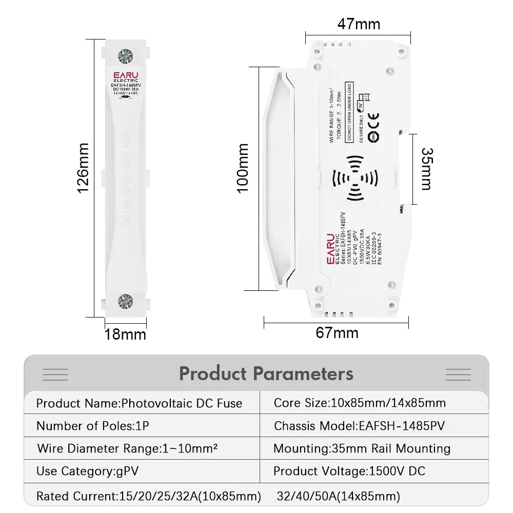 EARU Din Rail Solar Fuses DC 1000V 1500V PV Photovoltaic 20A 25A 30A Fuse Holder Base Solar System Short Circuit Protection GPV