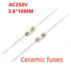10pcs/lot Fast Blow Glass Tube Fuses 3.6x10mm 5x20mm 6x30mm 250V 800mA 1A 1.25A 1.5A 1.6A 2A 2.5A 3A Axial Lead Ceramic Fuse