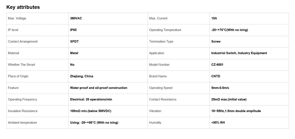 Limit Switch CNTD CZ‑6001, Sealed Horizontal Travel Switch, IP65 Waterproof, 1NO 1NC 15A 380VAC, Plastic Housing for Industrial