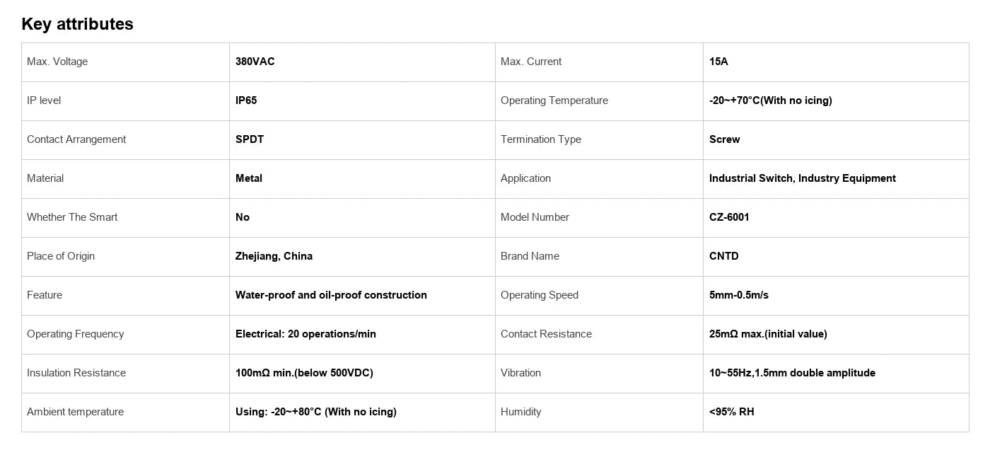 Limit Switch CNTD CZ‑6001, Sealed Horizontal Travel Switch, IP65 Waterproof, 1NO 1NC 15A 380VAC, Plastic Housing for Industrial