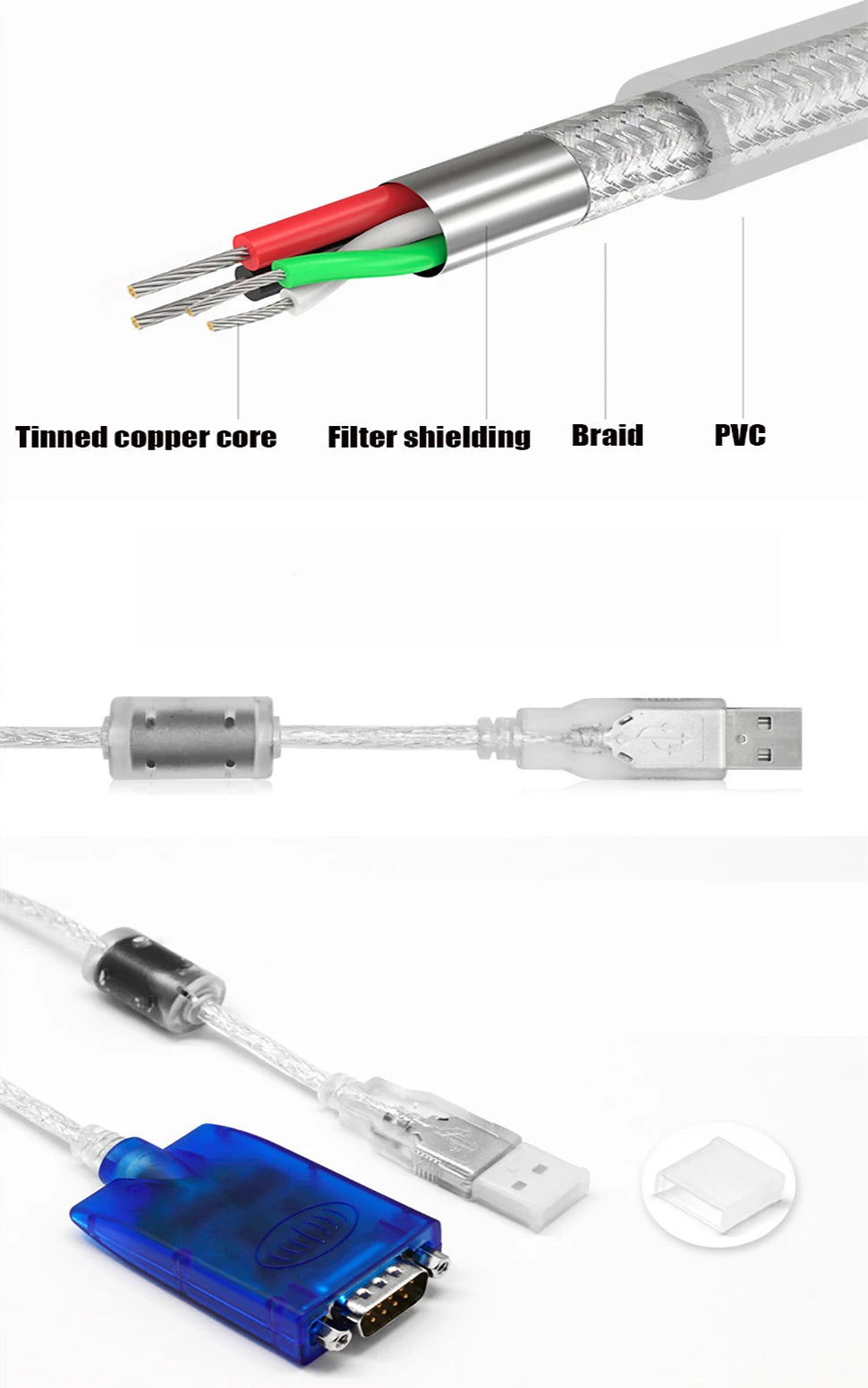 UOTEK 1.5m 3m USB to RS-422 RS-485 Converter RS422 RS485 USB2.0 Cable DB9 Adapter Transparent with Chipset Magnetic Ring UT-890A