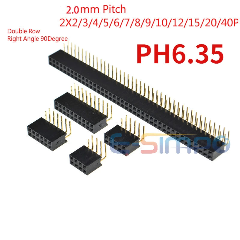 10pcs 2.0mm Pitch Right Angle Double Row 2X4/5/6/7/8/9/10/11/12/14/15/20/25/40P PH6.35 gold-plated PCB Female pin header socket