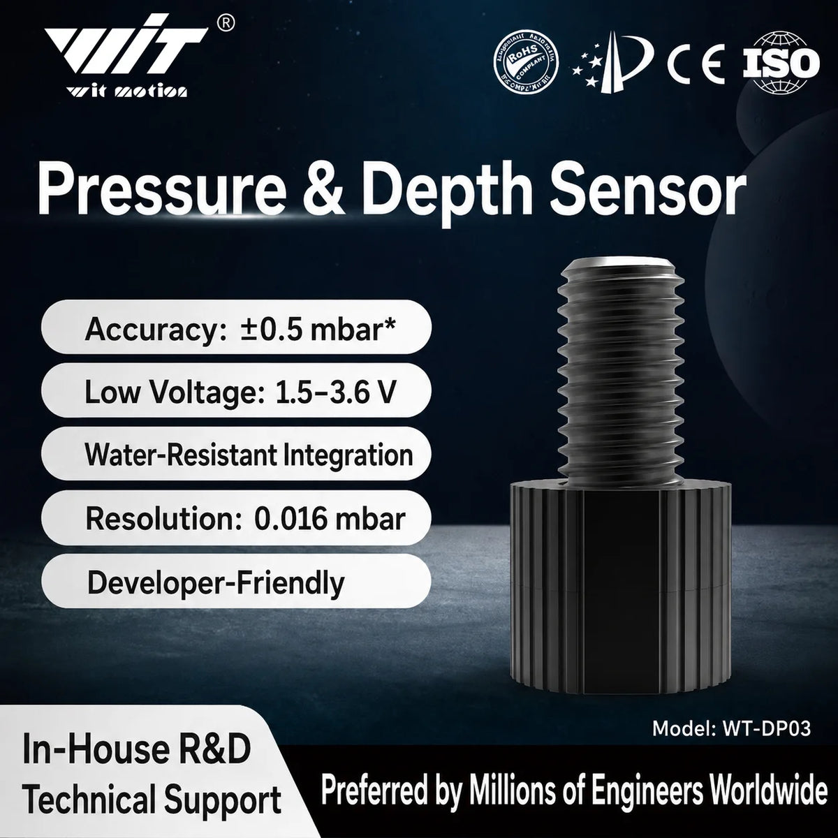 WitMotion WT-DP03 High Precision Water Depth Pressure Sensor MS5837 30Bar ADC 0.016mbar Resolution for Arduino ROV AUV Diving