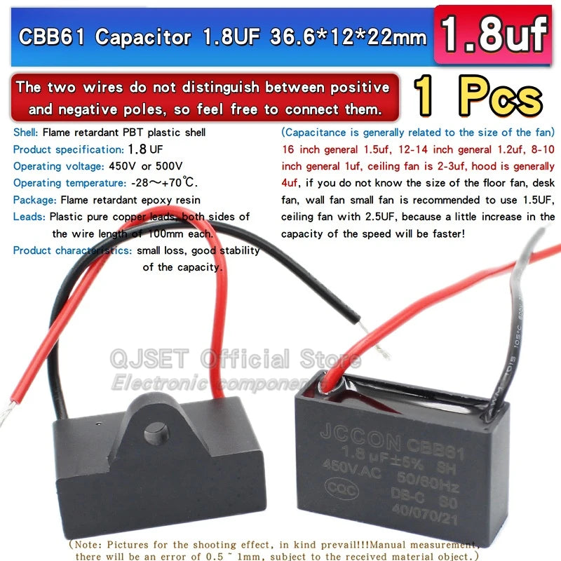 1pcs CBB61 Fan Starting Capacitor 450V 0.8/1/1.2/1.5/2/2.5/3/3.5/4/4.5/5/6/7/8/10/12/15/18/20UF Ceiling Fan Hood Motor Capacitor