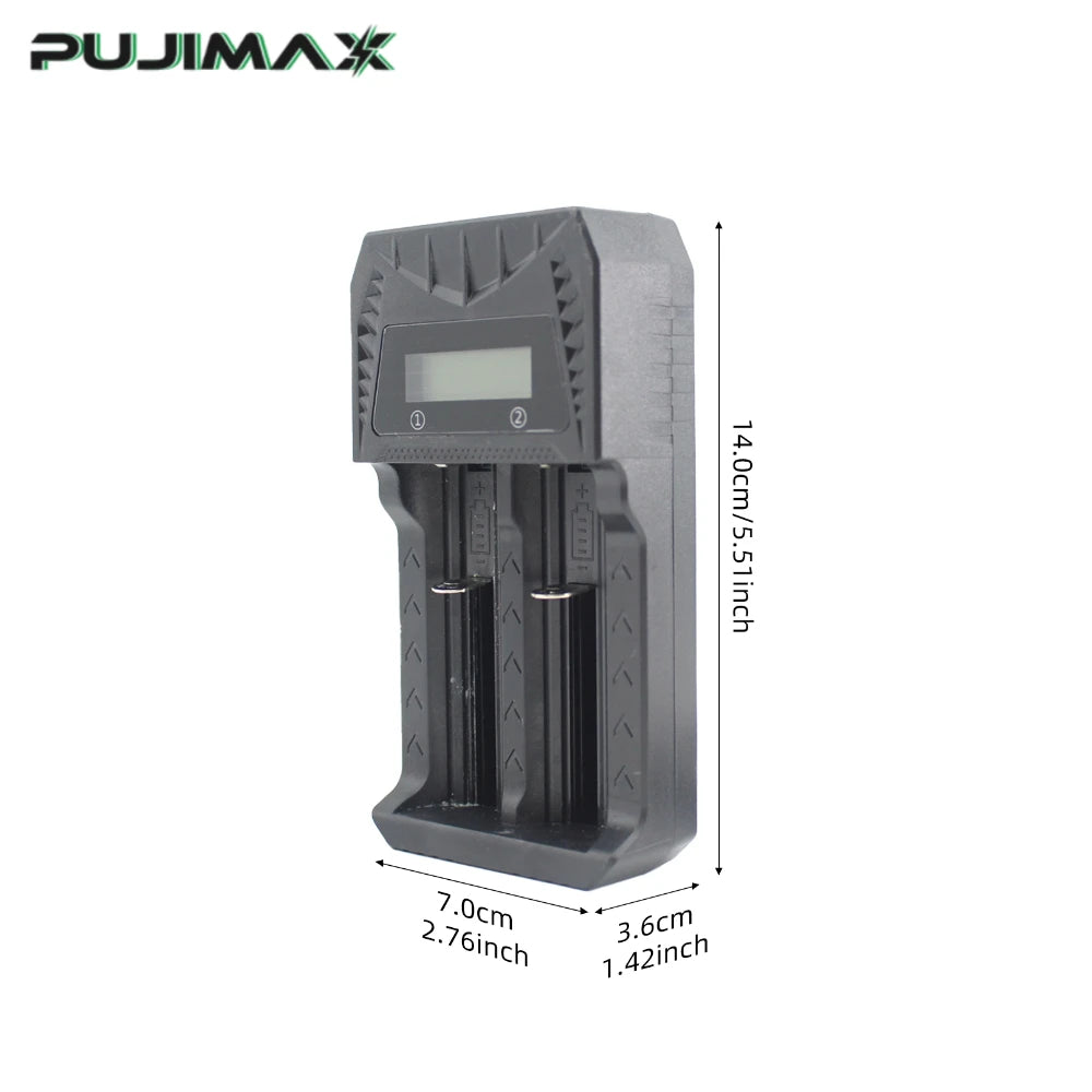 PUJIMAX 2-Slot LCD Battery Charger with Type-C For 18650 21700 26650 14500 16340 3.7V Lithium AA AAA 1.2V Ni-MH NiCd Battery