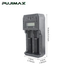 PUJIMAX 2-Slot LCD Battery Charger with Type-C For 18650 21700 26650 14500 16340 3.7V Lithium AA AAA 1.2V Ni-MH NiCd Battery
