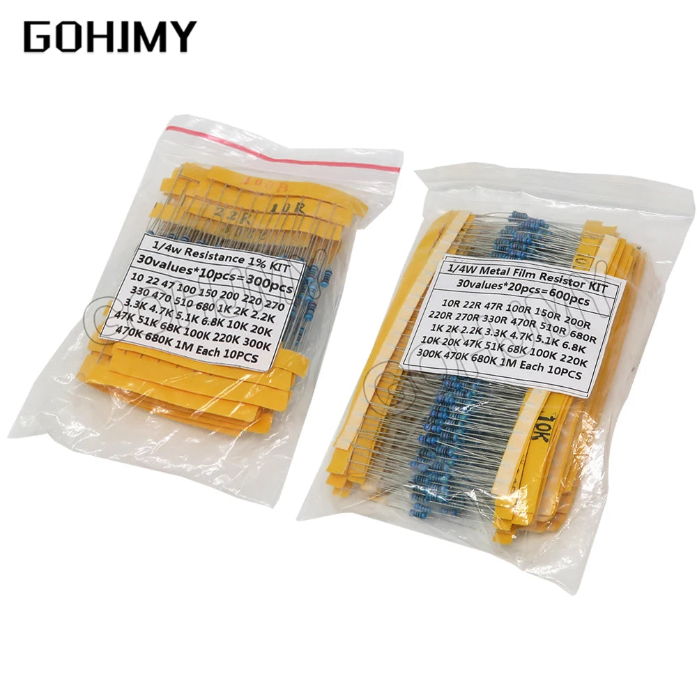 600pcs/set 30 Kinds 1/4W Resistance Metal Film Resistor Pack Assorted Kit 1% 1K 10K 10K 100K 220ohm 1M Resistors 300pcs/set