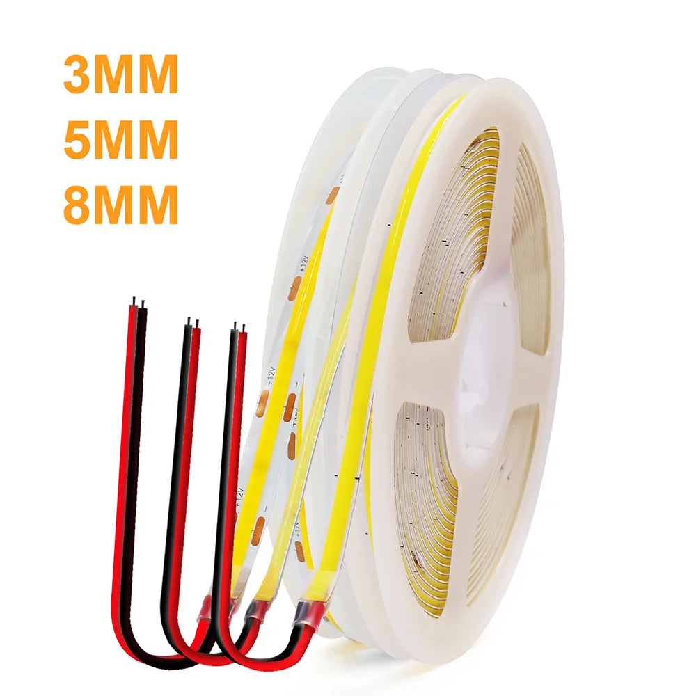 3mm 5mm PCB COB LED Strip Light 5V 12V 24V 320LED 8mm CRI90 Super Bright Flexible LED Tape For Cabinet Home Liner Lighting