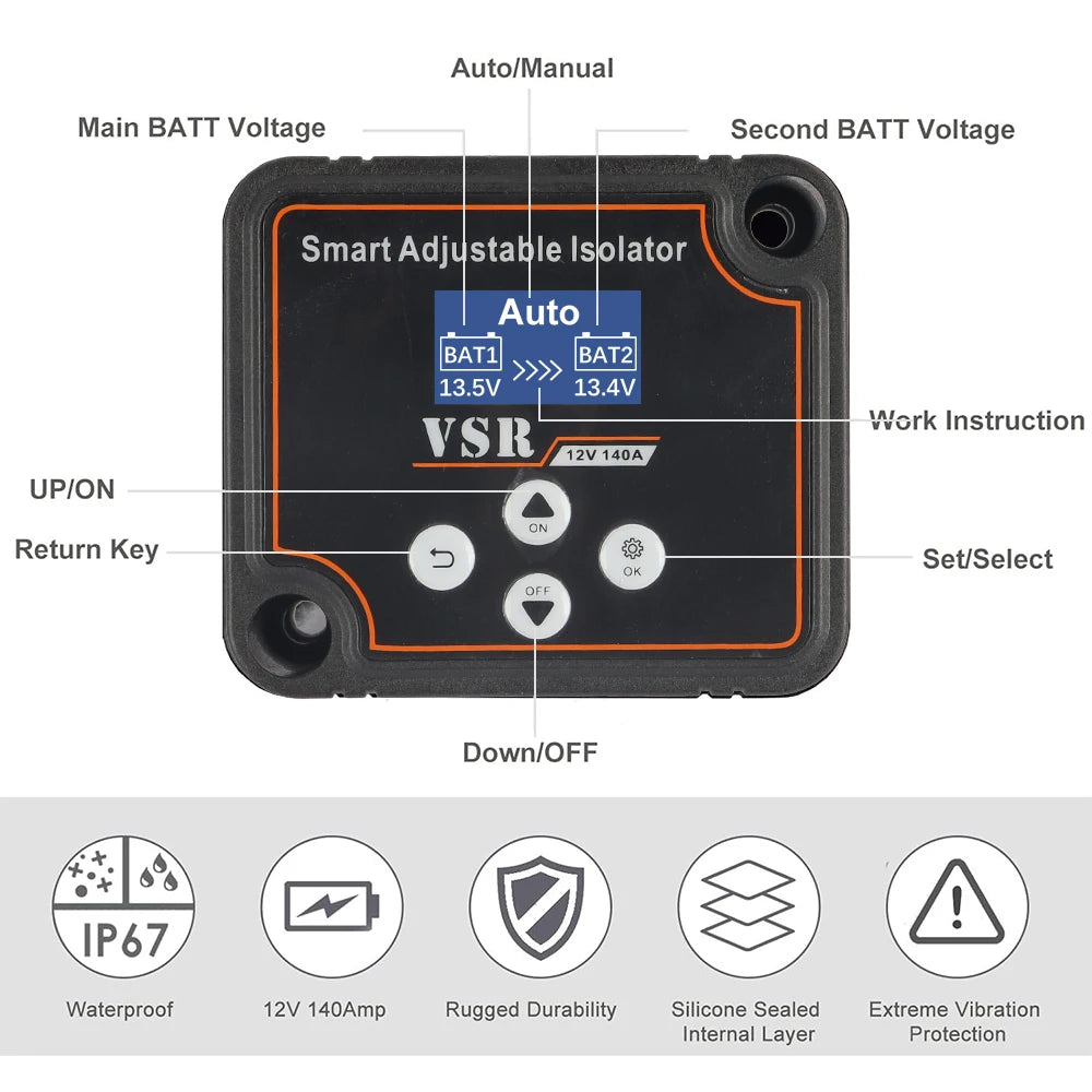 12V 140A Dual Battery Smart Isolator ,Display VSR Car Relay Voltage Setting Voltage Sensitive Relay For Camper Car RV