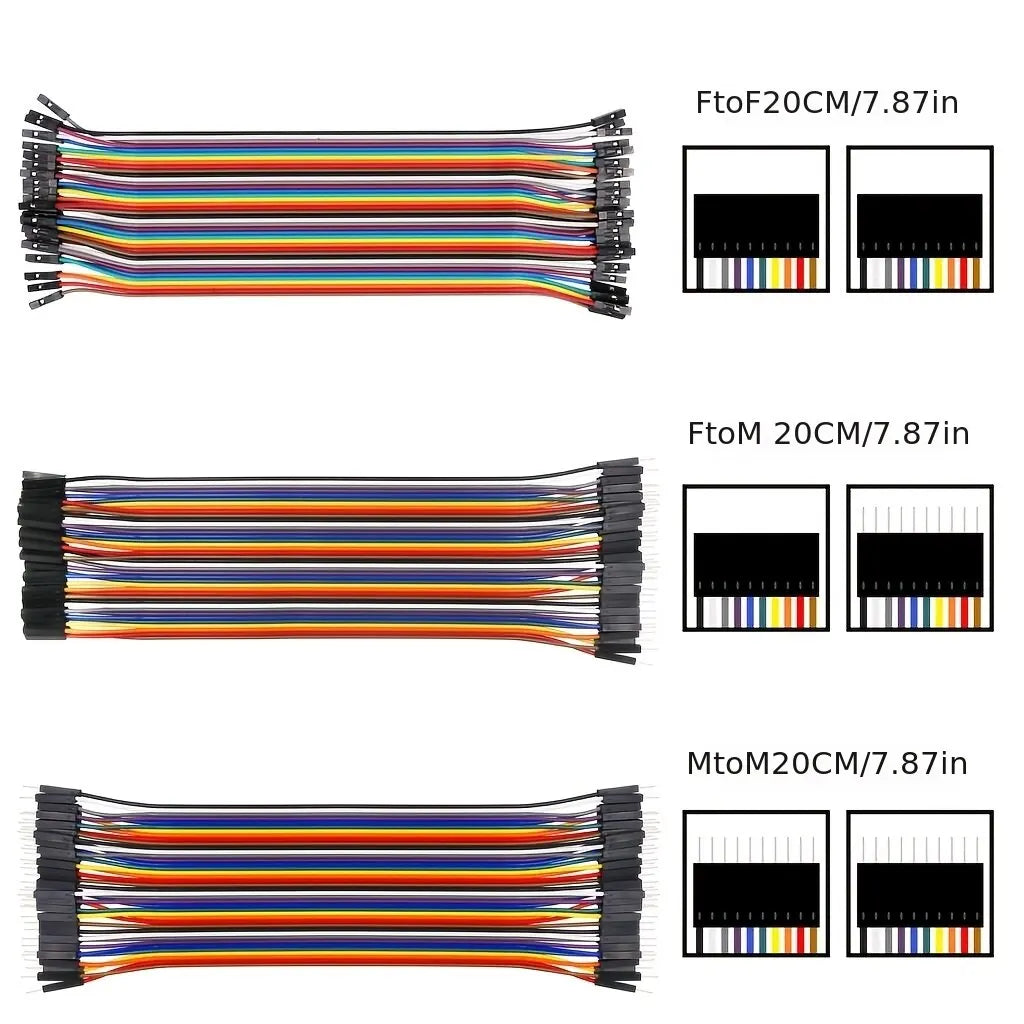 40PIN 20/10CM Dupont Cable Male to Male Female Jumper Wire for Arduino DIY Kit 3 Different Connections for Electronics Projects