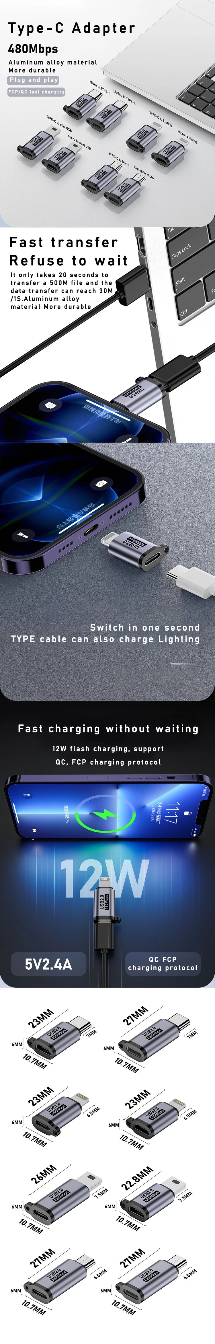 TYPE-C adapter Micro USB Mini USB Adapter lighting Female To Micro Usb Male Converter for Phone Tablet Camera Charging Adaptor