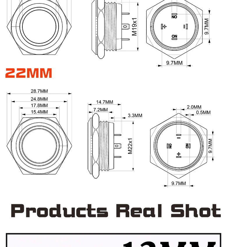 12/16/19/22mm Short Stroke Oxide Blcak Shell Metal Button Switch Waterproof Flat Head With Power LED Light Momentary 1NO 6V 24V