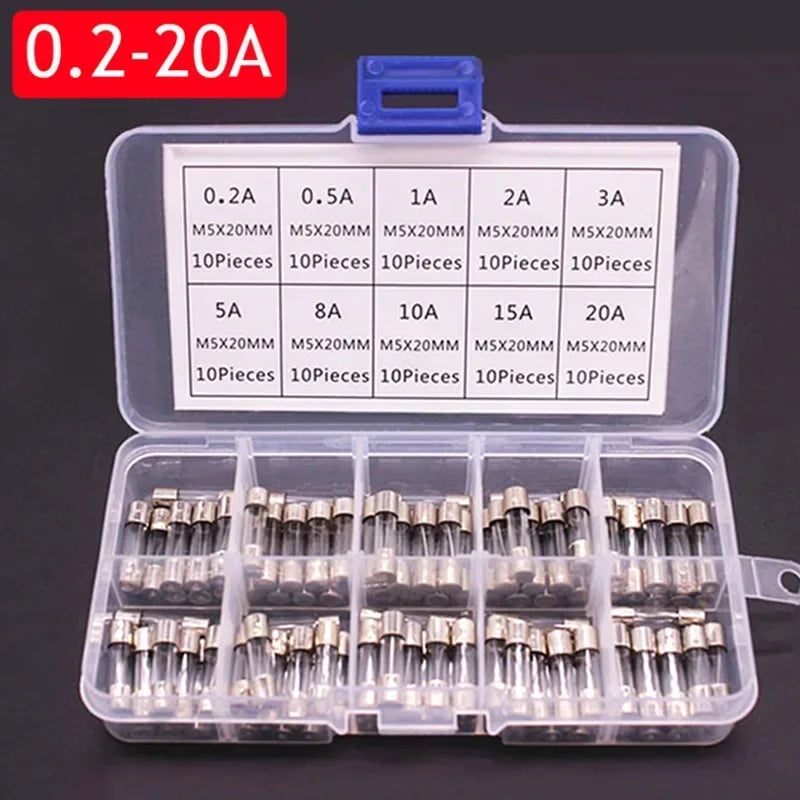 100/72pcs Car Fast-blow Glass Fuses Car Glass Tube Fuses 0.2-20A 0.5-30A Assorted Kit for Car Light Inflator Vacuum Cleaner