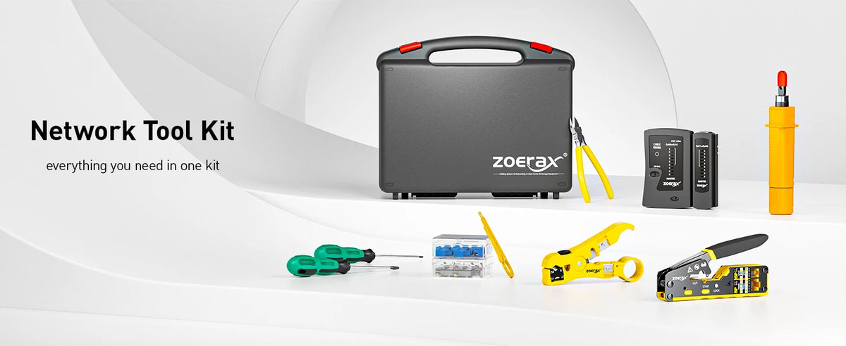 ZoeRax Network Tool Kit，RJ45 Crimp Tool kit Pass Through Crimper RJ45 Crimping Tool, Cable Tester, Punch Down Tool, Stripper