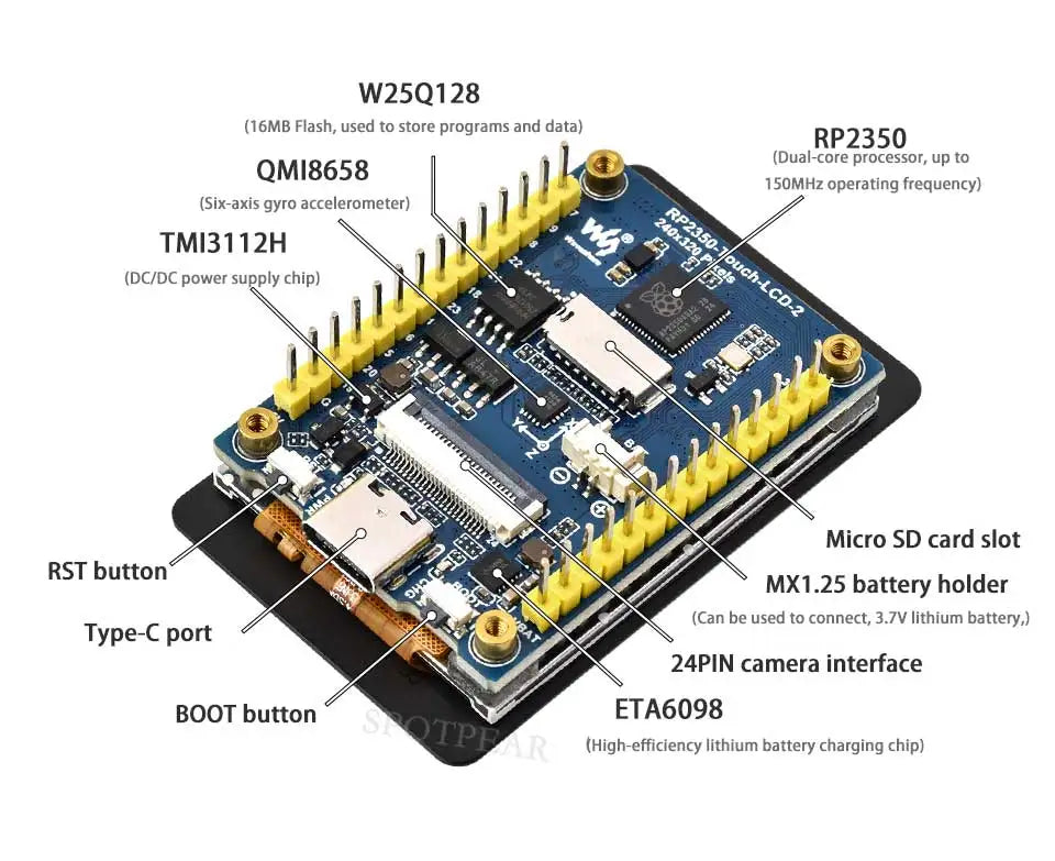 Raspberry Pi Pico 2 RP2350 2 inch LCD Capacitive TouchScreen Development Board 240x320 Display QMI8658 6-Axis /OV5640 Camera /SD
