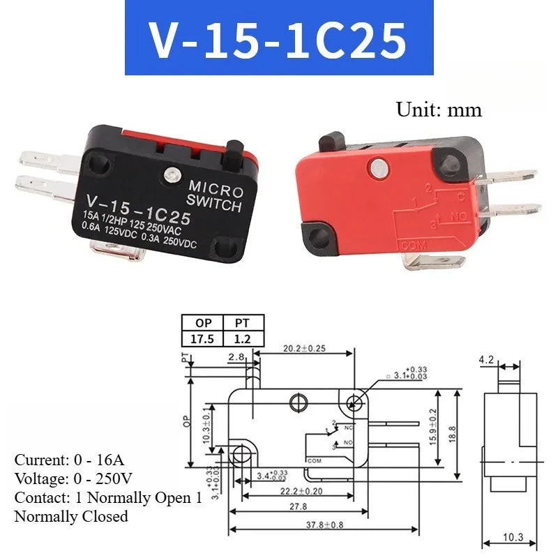 5pcs Travel Limit Switch Micro Switch Self-resetting V-152-1C25 3-pin Miniature Push Button Tactile Microswitch V-152 V-153 V-15