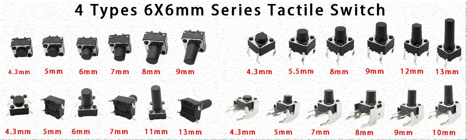 20/50/100 Pcs Micro Tactile Switch Momentary Tact DIP Switch 2 Pin 6 X 6 mm Micro Touch Push Button Switch High 5 mm 6 mm 7 mm 8